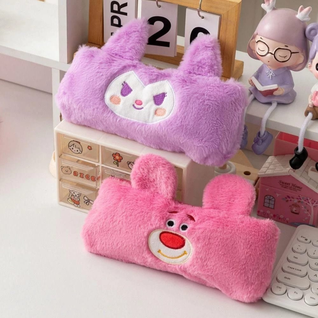 Two Plush Zipper Pouches, One Lotso Bear and One Purple Kuromi, Featuring Adorable Cartoon Faces, Placed on a Desk - Tinyminymo