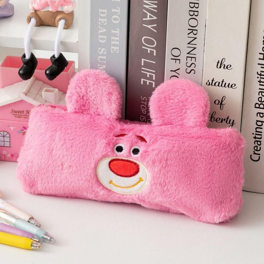 Plush Lotso Bear Zipper Pouch Placed on a White Surface, with Books and Stationery items in the Background - Tinyminymo