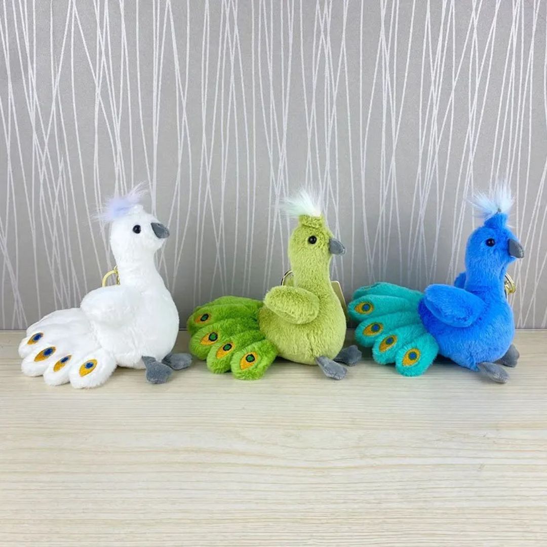 Three Plush Peacock Keychain in White, Green and Blue - Tinyminymo