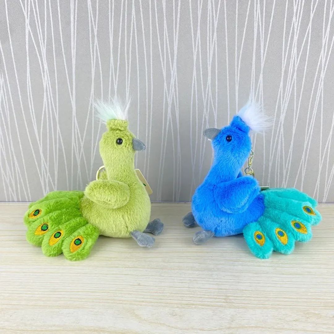 Two Plush Peacock Keychains, One Green and One Blue - Tinyminymo