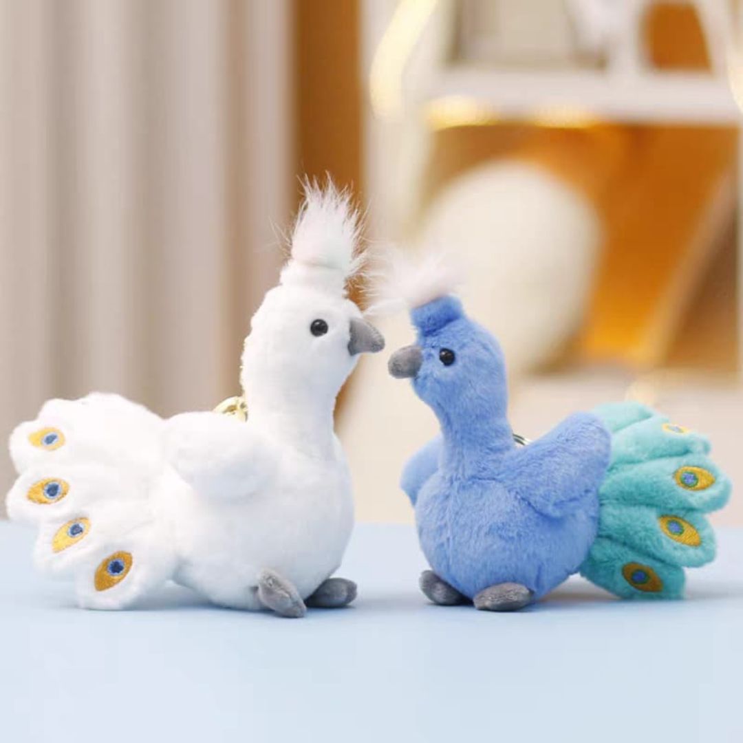 Two Plush Peacock Keychains, One White And One Blue - Tinyminymo