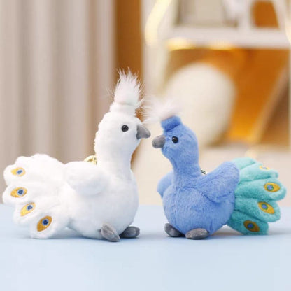 Two Plush Peacock Keychains, One White And One Blue - Tinyminymo