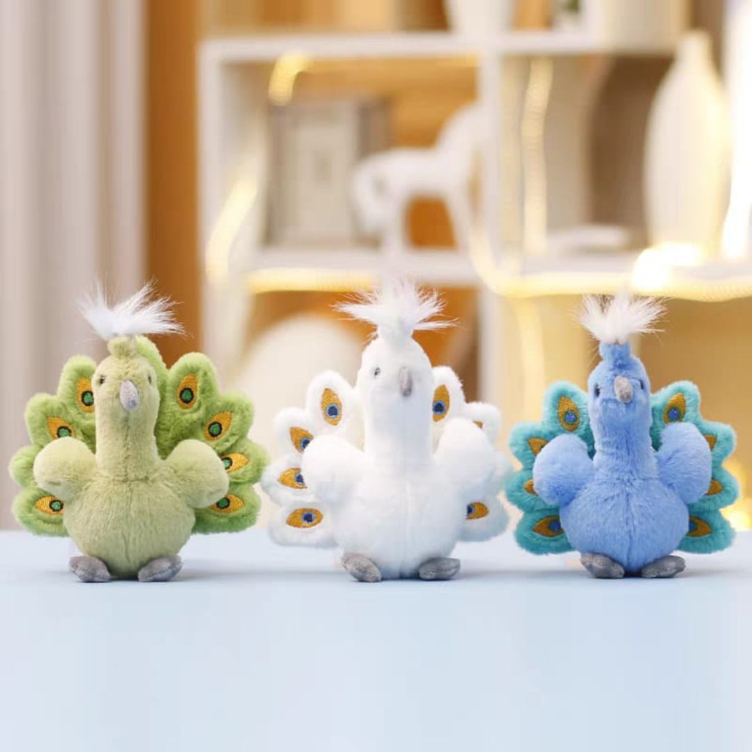 Three Colorful Peacock Plush Keychain in Green, White And Blue Color - Tinyminymo