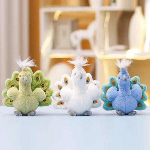 Three Colorful Peacock Plush Keychain in Green, White And Blue Color - Tinyminymo