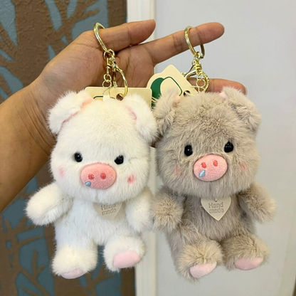 Two Plush Piggy 3D Keychains in Different Colors, One White and One Greige - Tinyminymo
