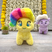 Load image into Gallery viewer, Two Plush Unicorn Charm, One Yellow with Multicolor Hairs and one Purple in the Back - Tinyminymo
