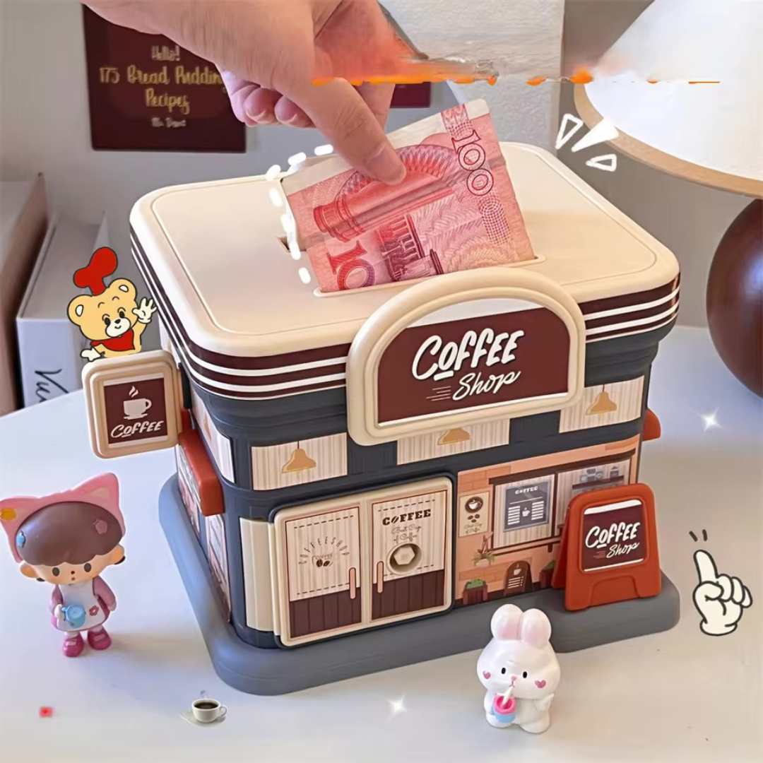 Portable Store Shaped Piggy Bank with a hand inserting money - Tinyminymo