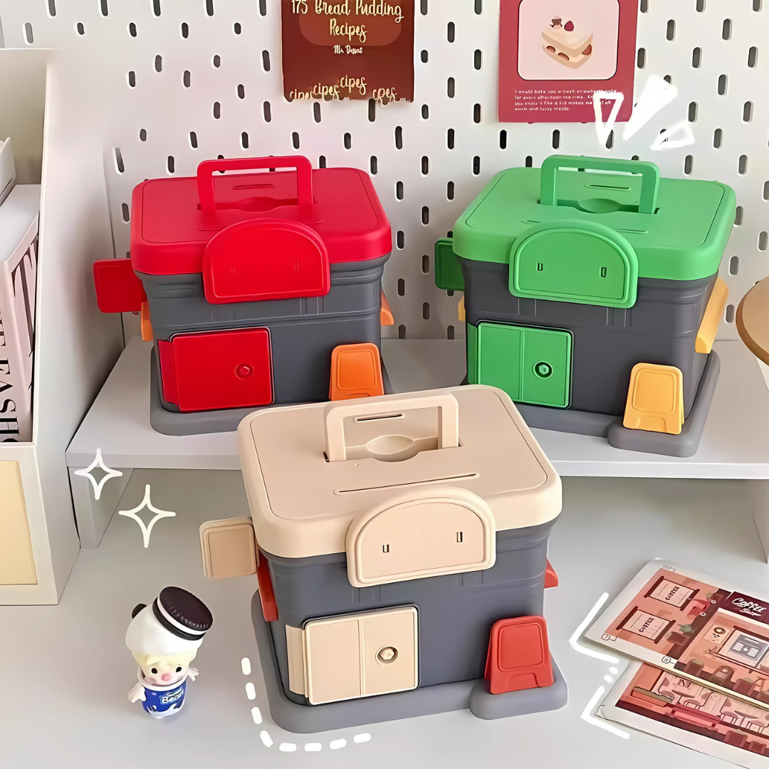 Portable Store Shaped Piggy Bank in Red, Green and Beige on a Shelf with a Pegboard Background - Tinyminymo