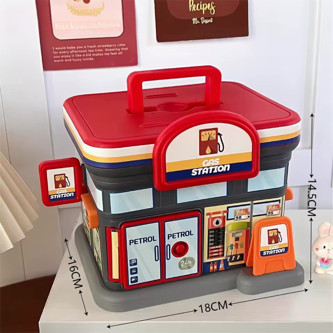 Portable Store Shaped Piggy Bank, Gas Station design showcasing the Dimensions of the Piggy Bank - Tinyminymo