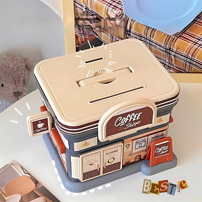 Portable Store Shaped Piggy Bank with 'Coffee Shop' design on a Light surface - Tinyminymo