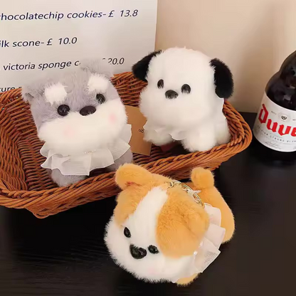 Three Variants of Pretty Puppy Plush Keychain in and around the Basket - Tinyminymo