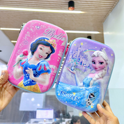 Two Princess 3D Smiggle Pouch, one featuring a Disney Princess design and the other Frozen character held against a blurred indoor background - Tinyminymo