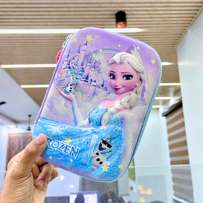 A Princess 3D Smiggle Pouch in Elsa Design held in hand in an indoor setting- Tinyminymo