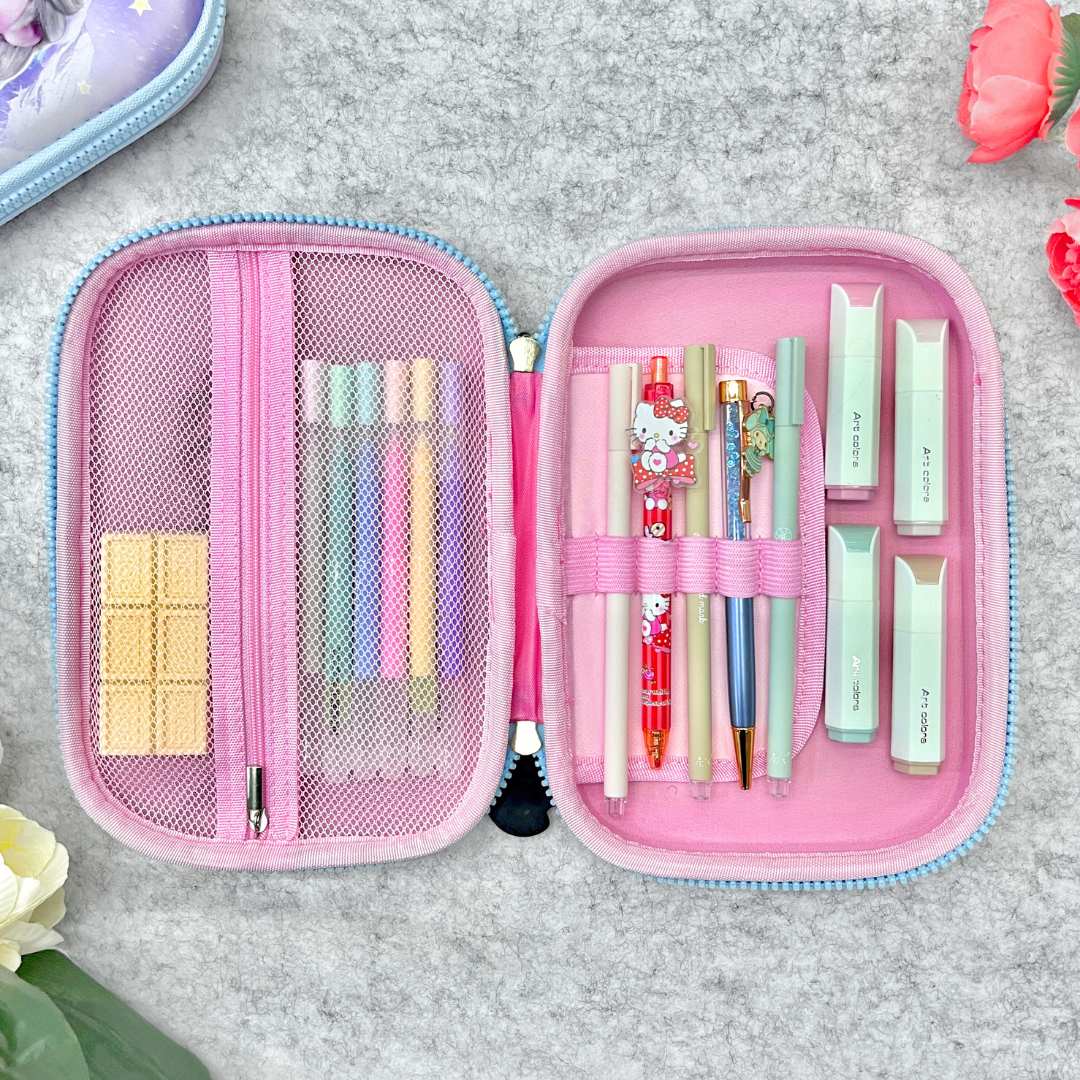 Princess 3D Smiggle Pouch with stationery items organised inside kept on a grey surface - Tinyminymo