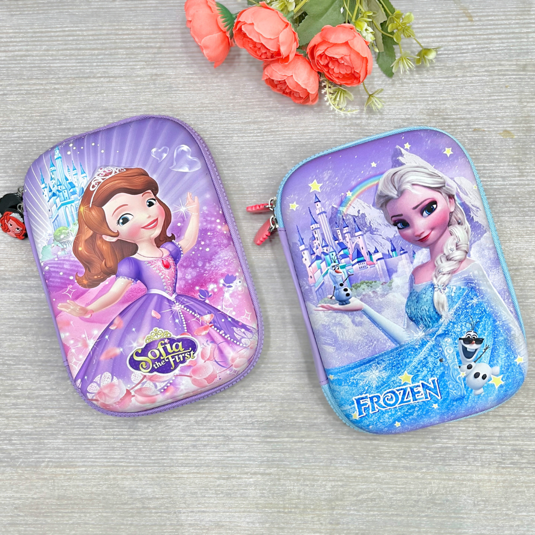 Two Princess 3D Smiggle Pouch  featuring Sofia the First and Elsa from Frozen on a textured surface with flowers - Tinyminymo