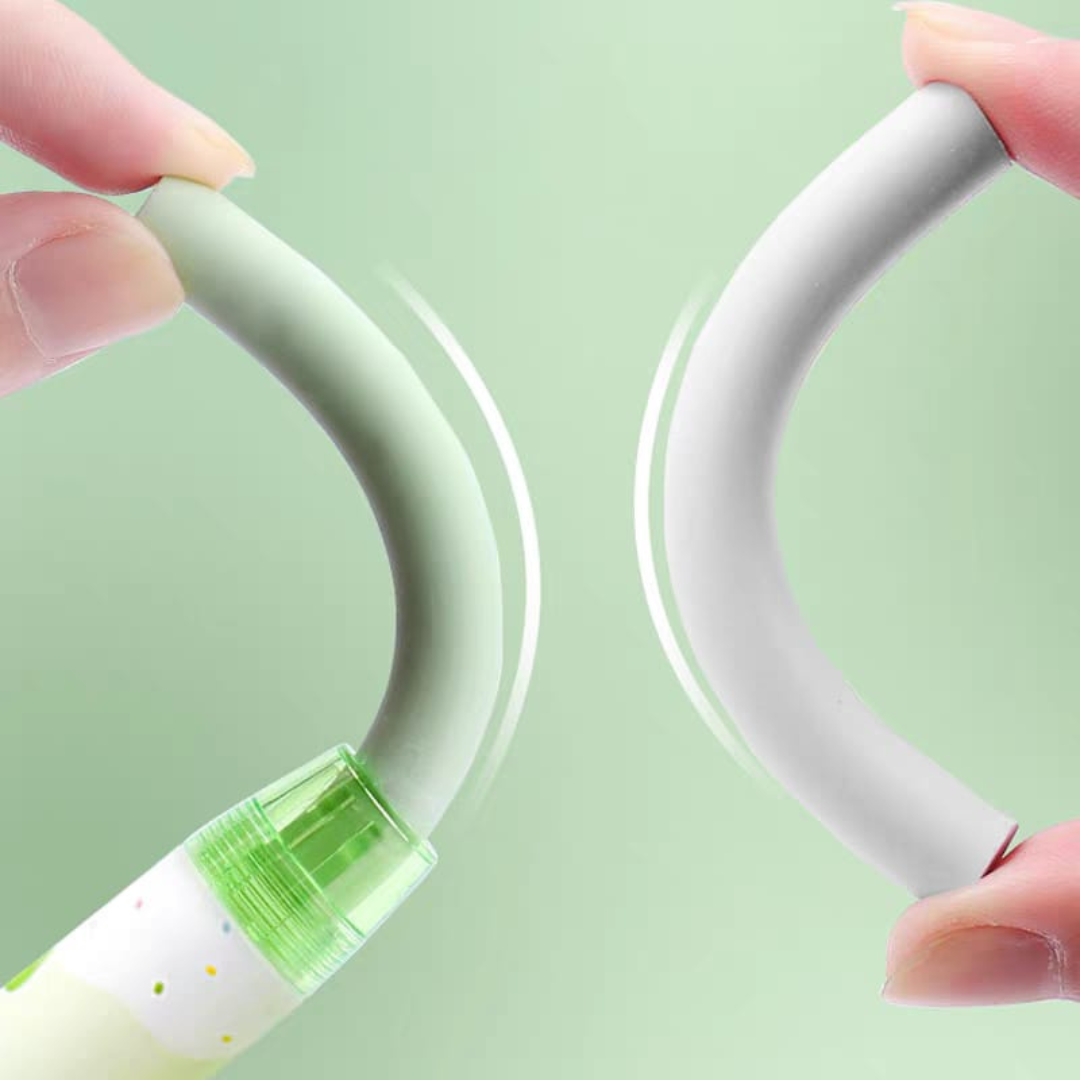 Two White U-Shaped Push Panda Erasers Held by Fingers Against a Light Green Background - Tinyminymo