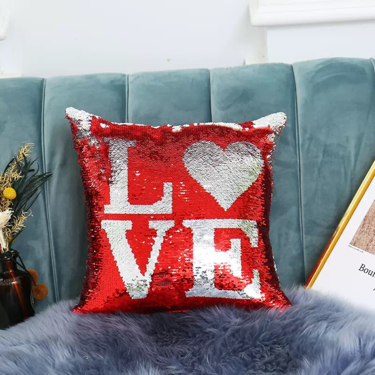 Red and White Color Love themed Sequin Cushion - Tinyminymo