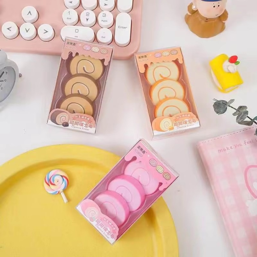 Three Flavourful Sets of Swiss Roll Erasers - Tinyminymo