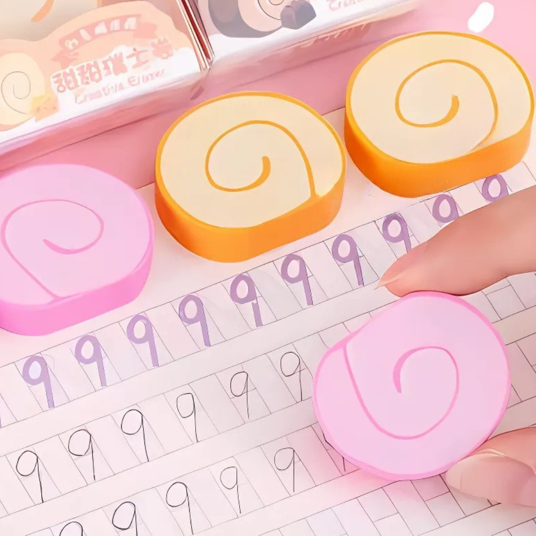 Cute Erasers Shaped Like Swiss Roll on a Grid trying to Erase Mistakes - Tinyminymo