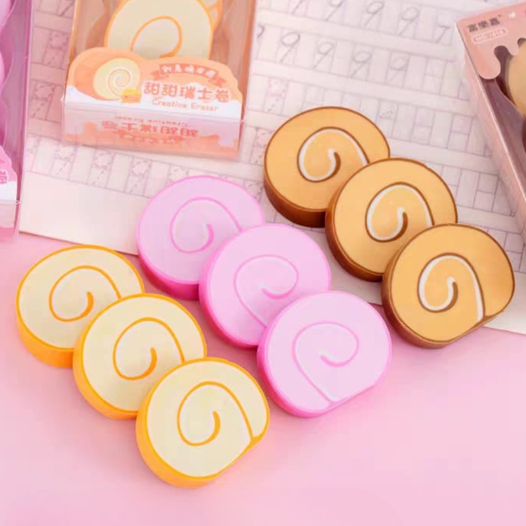 Three Flavours of Swiss Roll Eraser kept on the Study Desk - Tinyminymo