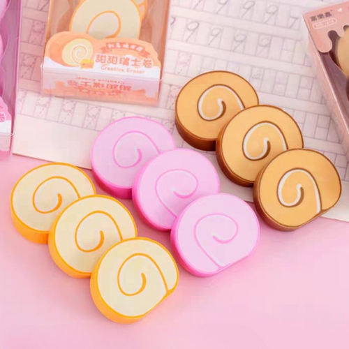 Three Flavours of Swiss Roll Eraser kept on the Study Desk - Tinyminymo