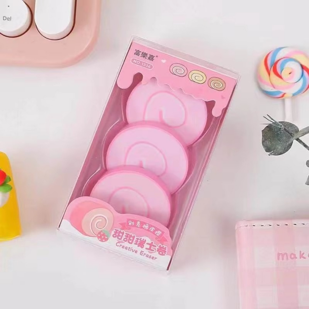 Strawberry Flavour of Swiss Roll Eraser Set - Tinyminymo