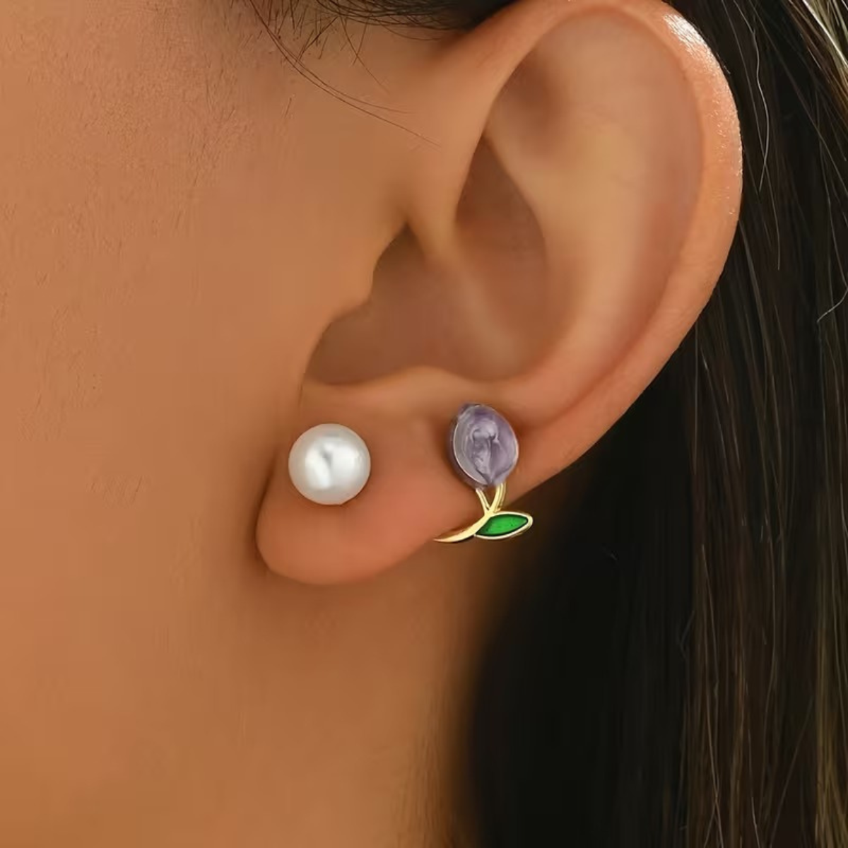 Purple Color Tulip Pearl Earrings - Tinyminymo