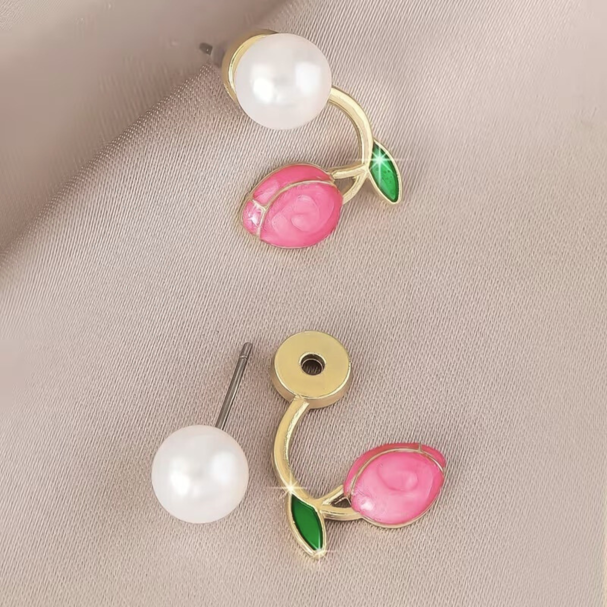 Pair of Earrings with Pink Flower and Pearl - Tinyminymo