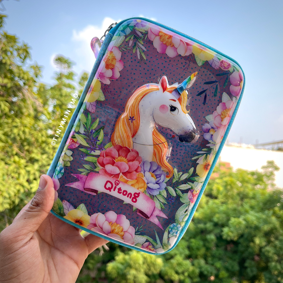 Blue Unicorn Pencil Case with Floral Design - Tinyminymo