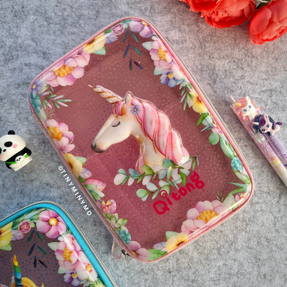 Pencil Case with Unicorn Design on a Desk in Pink Color - Tinyminymo