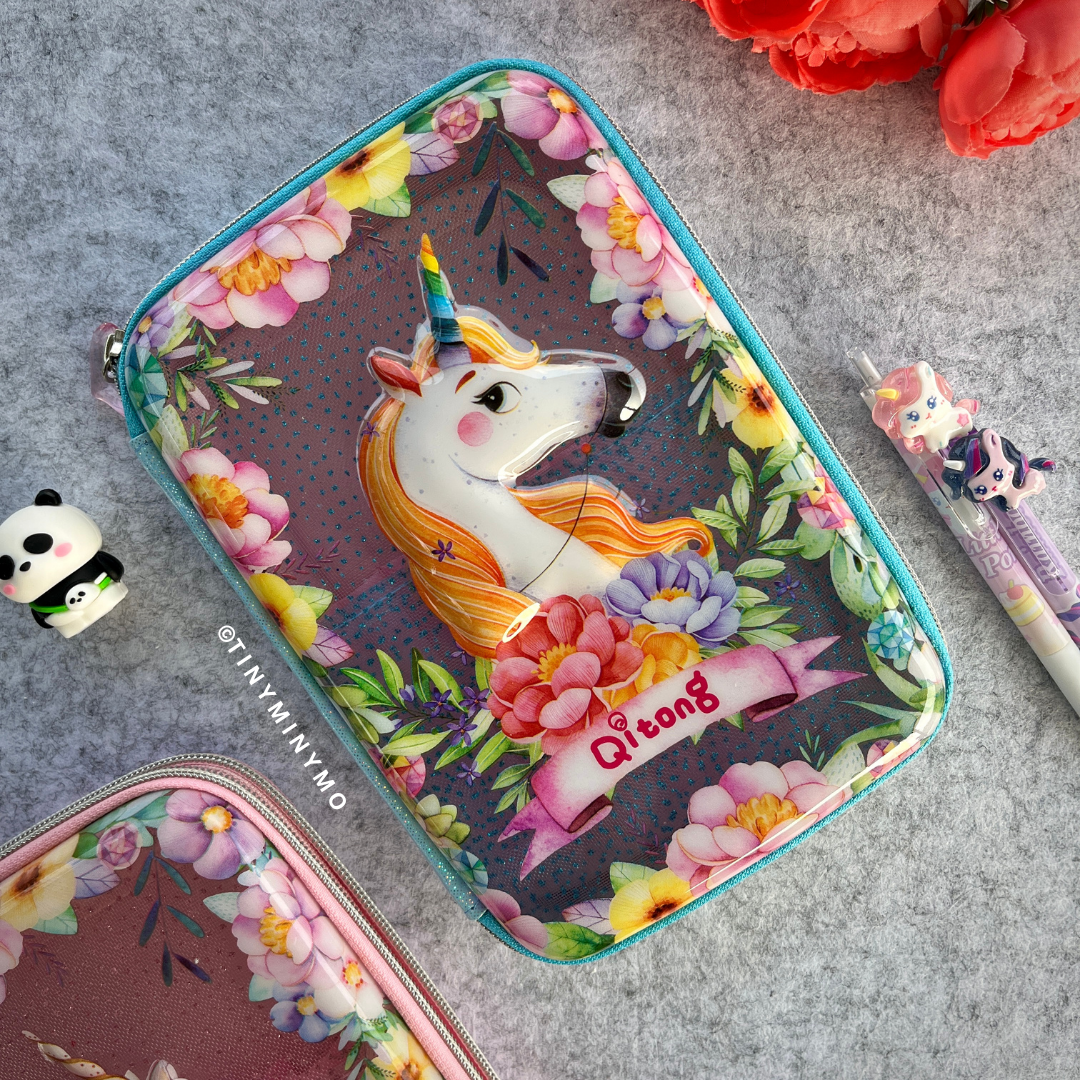 Blue Unicorn Hard Case with Stationery Items Around - Tinyminymo