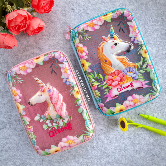 Two Variants of Unicorn Pencil Cases kept on a Desk - Tinyminymo