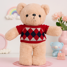 Load image into Gallery viewer, Winter Teddy Soft Toy standing on a Pink Surface with Decorative Items in the Background - Tinyminymo
